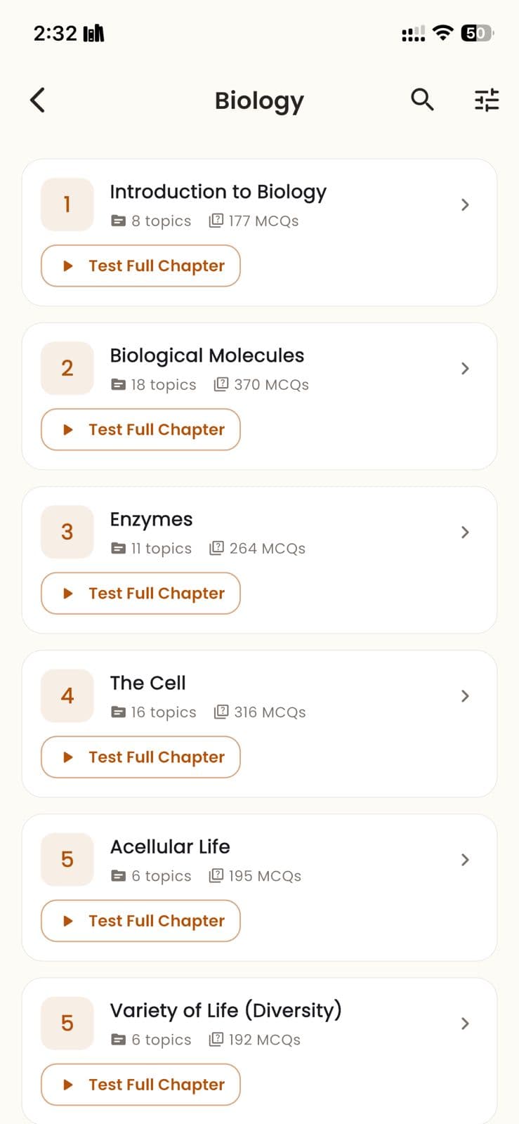 Biology chapters — Introduction, Biological Molecules, Enzymes, The Cell, Acellular Life