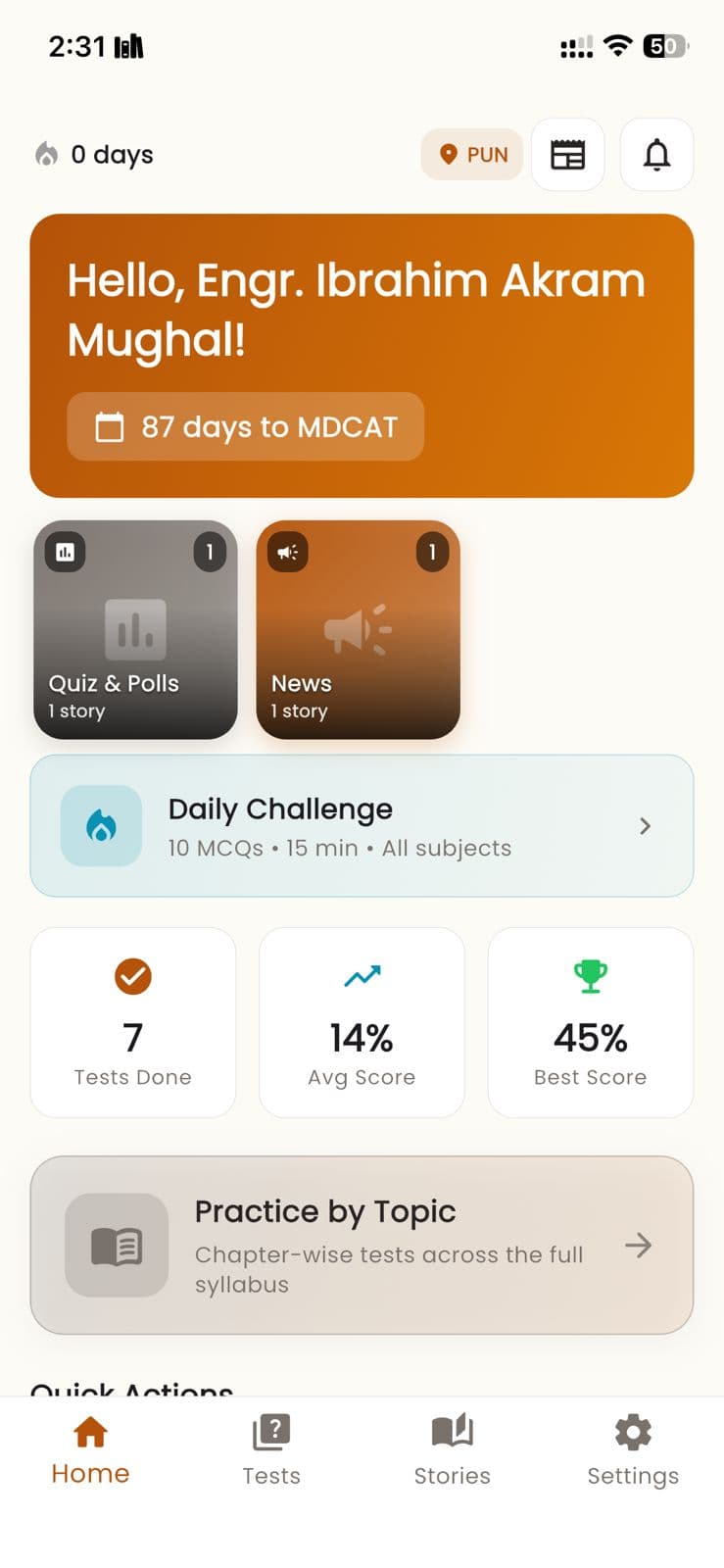 PrepMDCAT — Home screen with 87 days to MDCAT countdown