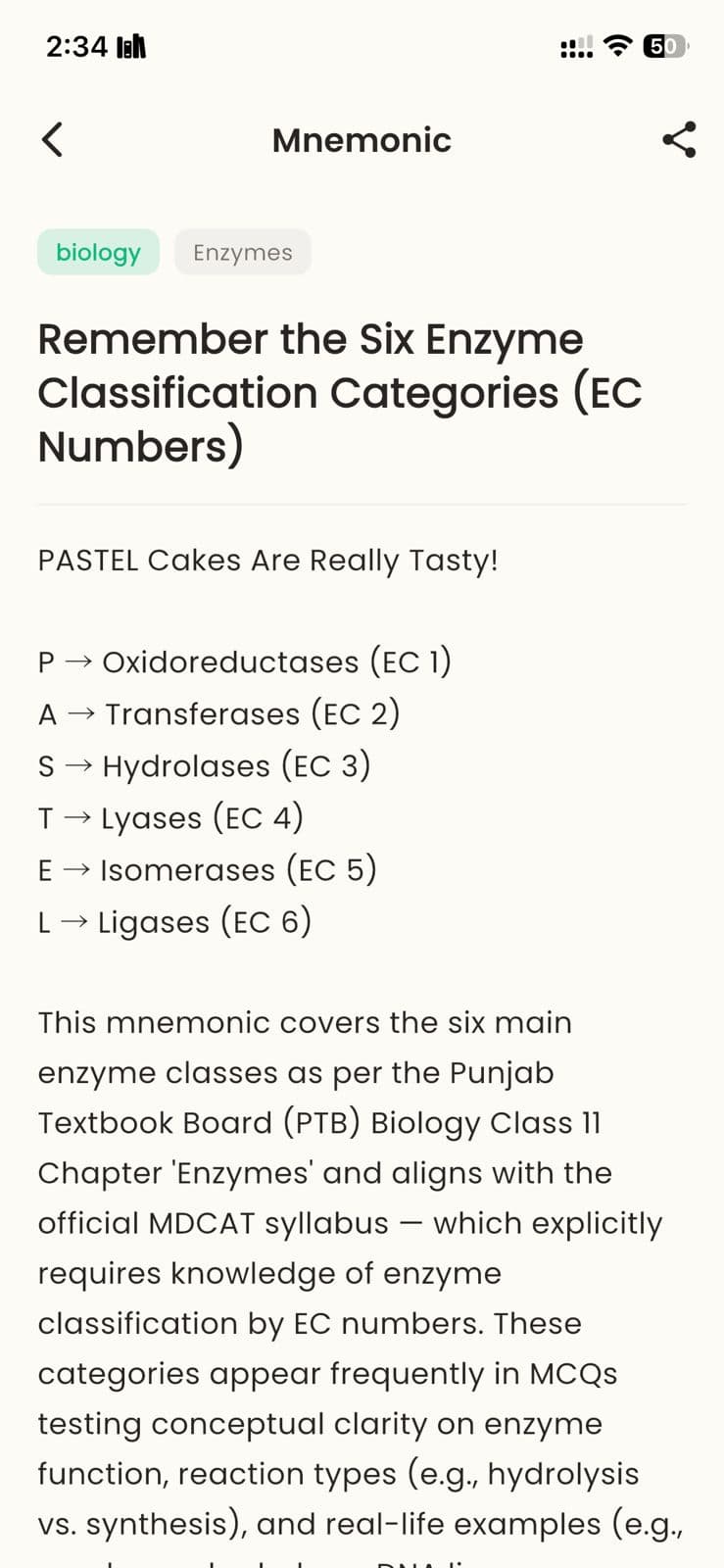 Mnemonic — PASTEL Cakes Are Really Tasty for Six Enzyme Classification Categories