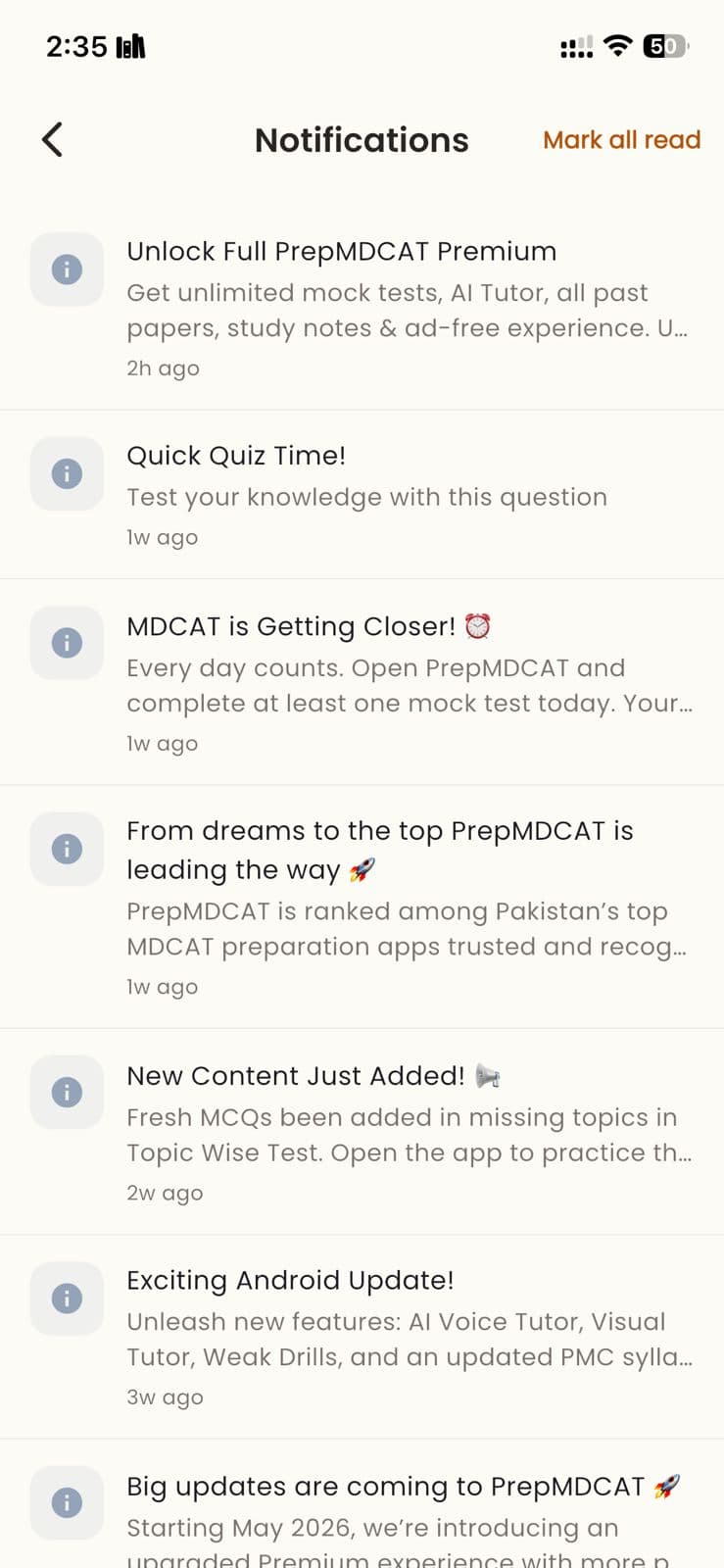 Notifications — daily reminders, content updates and exam alerts