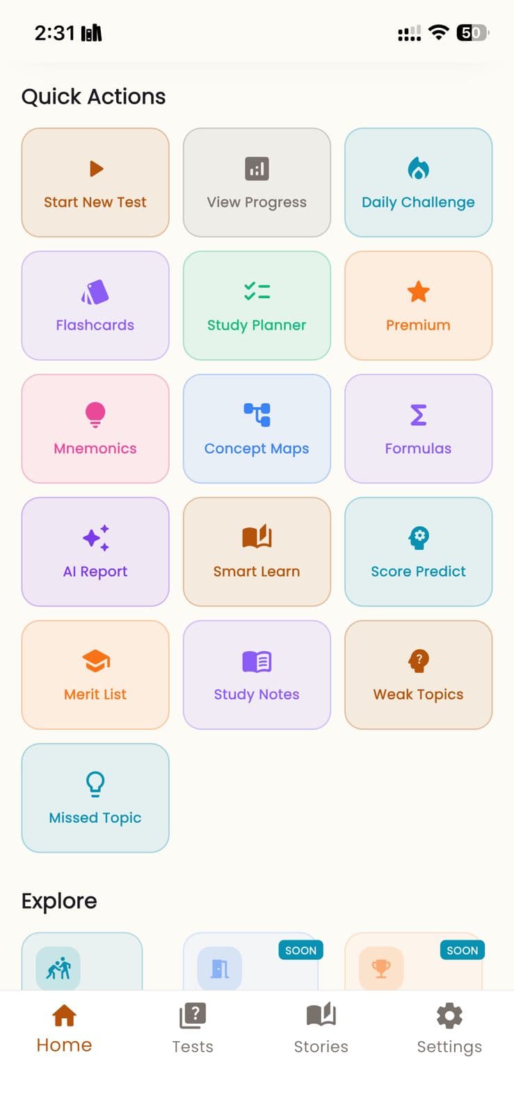 Quick Actions — 16 study tools: Flashcards, Study Planner, Mnemonics, Score Predict, Merit List