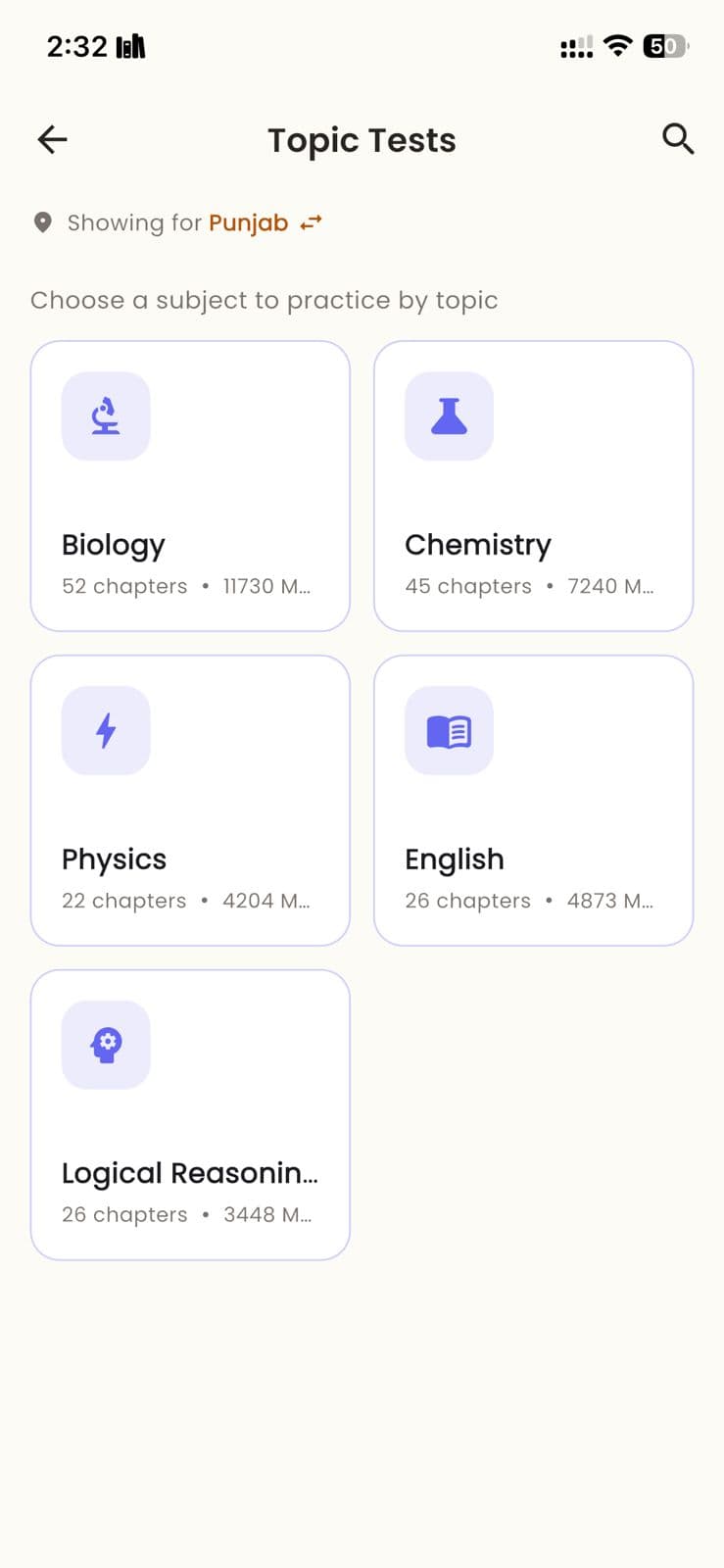 Topic Tests — Biology 11,730 MCQs, Chemistry 7,240, Physics 4,204, English 4,873, Logical 3,448
