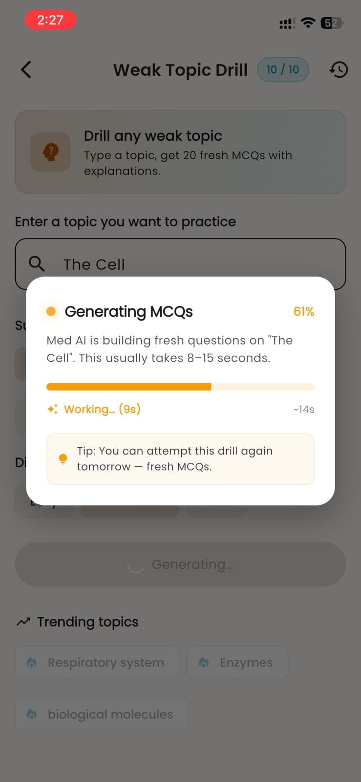 AI Weak Drill generating fresh MCQs on The Cell