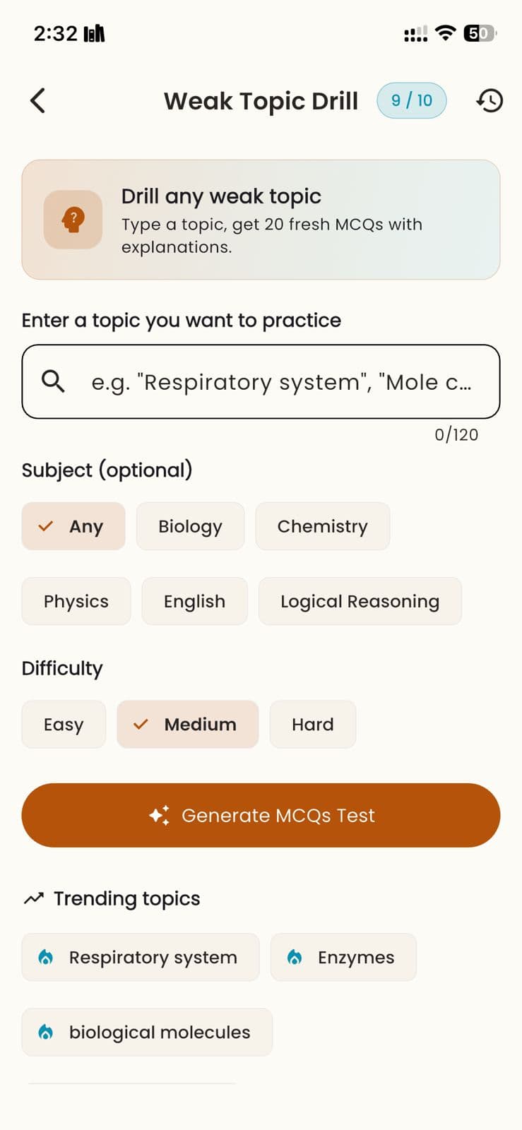 AI Weak Drill setup — choose topic, subject and difficulty